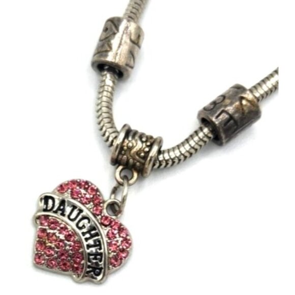 Red Crystal Heart Daughter Charm On Rope Chain Bracelet - Love Spacer Beads - Picture 2 of 3